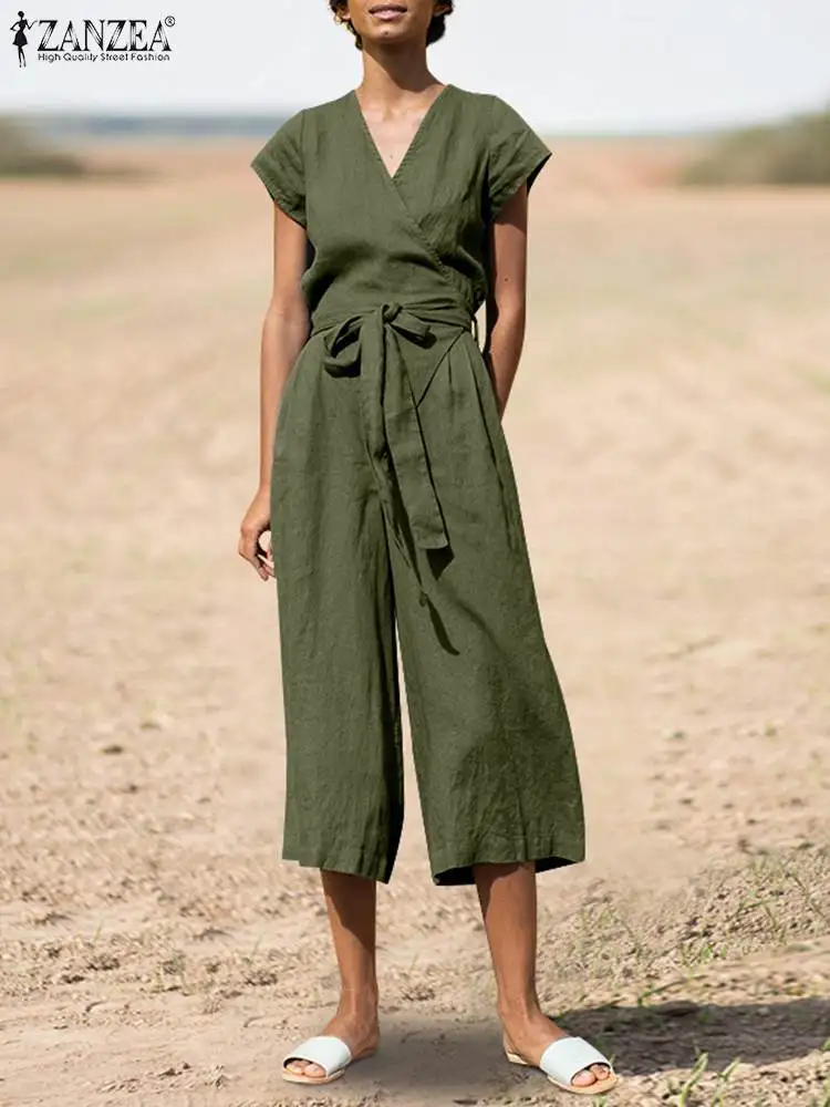 

ZANZEA Summer Holiday Women Jumpsuit V-Neck Short Sleeve Solid Color Lace-Up Rompers Fashion Elegant Work OL Wide Leg Pant 2022