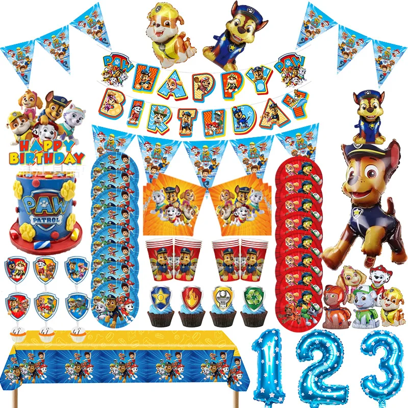 Paw Patrol Birthday Decoration Balloon Kit Tableware Cups Plates Napkin Tablecloth Banner Background Glasses Boy Party Supplies
