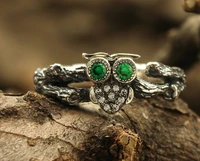 vintage metal hand carved owl imitation branch vine ring womens silver inlaid zircon ring