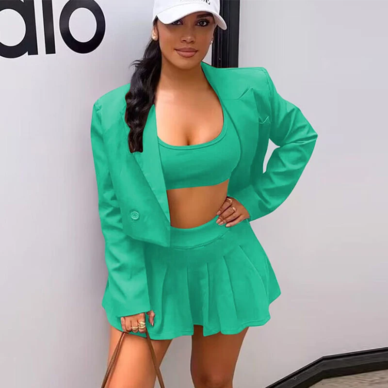 

Znaiml 2023 Blazer Coat + Vest + Pleated Mini Skirt Set Two Piece Sets Womens Outfits Clubwear Sporty Fitness Matching Sets