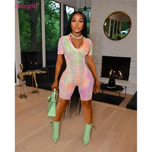 Adogirl Colorful Stripe Shorts Mesh Jumpsuit Women Sexy Deep V Neck Short Sleeve Casual Summer Overa in Pakistan