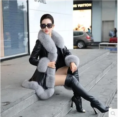 Korean Winter Faux Fur Coat Female Faux Fox Fur Collar Fur Coats Jacket Cotton Coat Long Sleeve Long Slim Long Fur Coat Dress