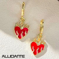 trendy new red enamel flame love heart drop earrings for women golden metal flaming fire earrings party jewelry gift wholesale