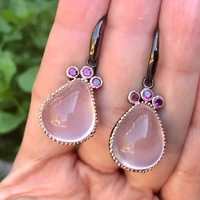 exquisite water drop inlaid pink moonstone two tone metal dangle earrings for wedding bridal engagement jewelry