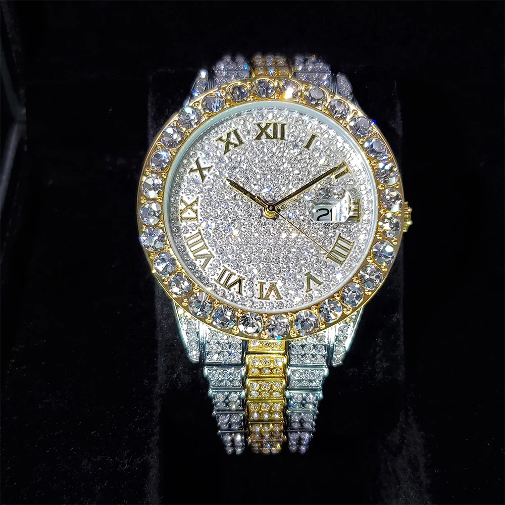 

Hip Hop MISSFOX Mens Iced Out Watches Top Brand Luxury Quartz Wrist Watches Mens Date With Micropave Diamond Watch Male Jewelry