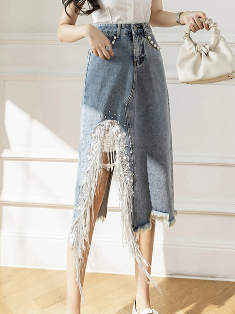 

S-5XLCasual Split Beaded Tassel Skirt High Waist Denim Skirt 2023 Summer New Fashion Women'S Clothing