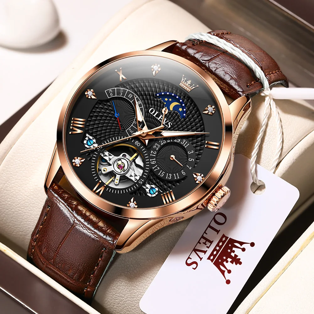 

OLEVS Men's Luxury Watch Skeleton Automatic Mechanical Self Winding Tourbillon Watches Moon Phase Leather Waterproof Wristwatch