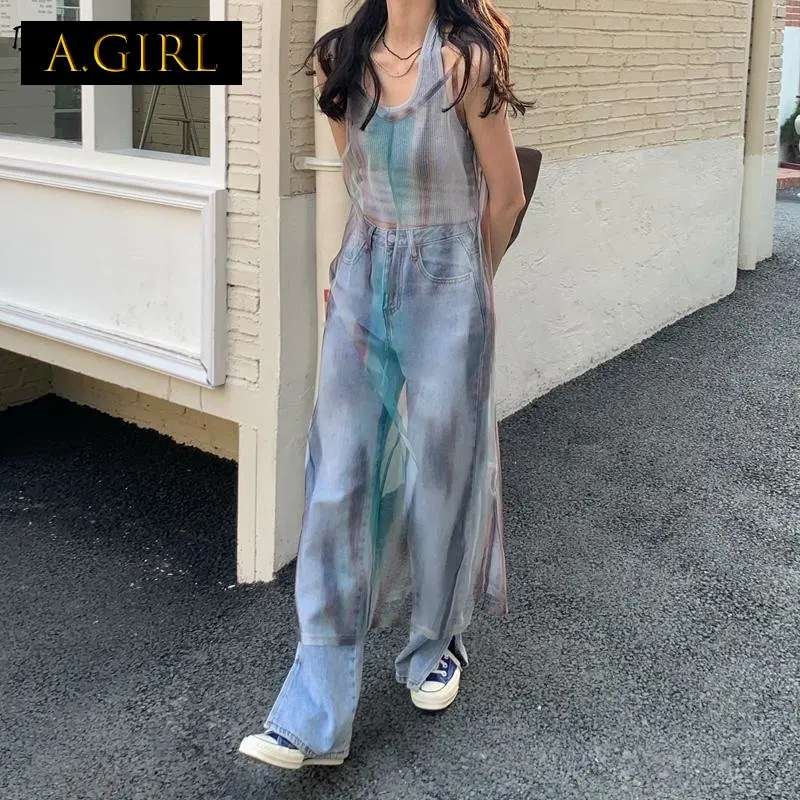 

A GIRLS Women Dress Fashion Sheer Breathable Harajuku Streetwear Spaghetti-strap Mid-calf All-match Girls College Female Casual