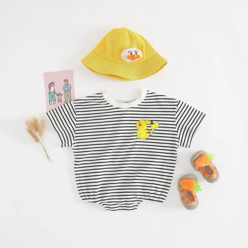 

0-1 Years Old Summer Pokémon New Black Stripe Cartoon Pikachu Pattern Men's and Women's Baby Clothes Cotton Soft A Baby Clothes