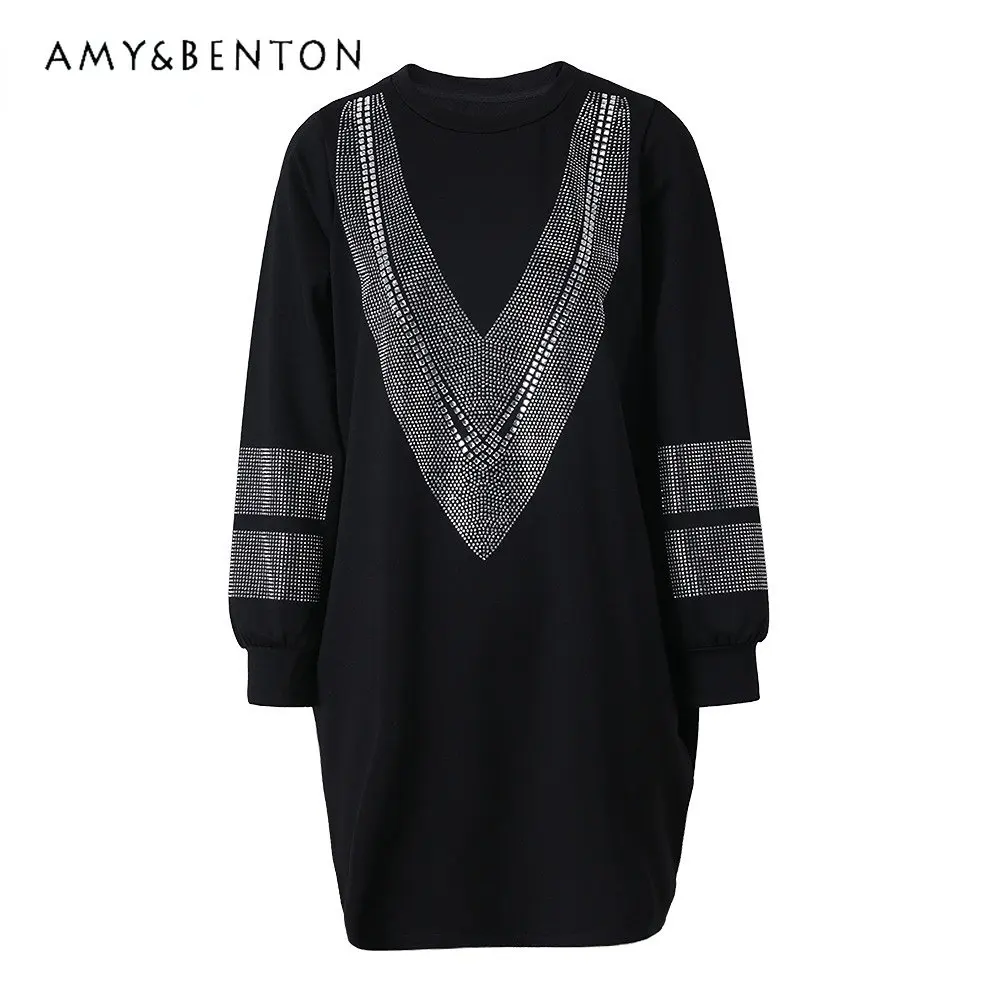 

Rhinestone Black Long-Sleeved Dress Women's Spring Clothing Pullover 2023 New European and American Fashion Round Neck Dress