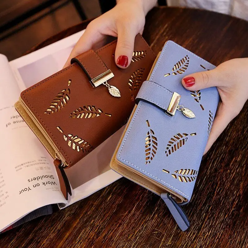 

Women Wallet Leather Purse Long Wallet Hollow Leaves Handbag Card Holders Clutch
