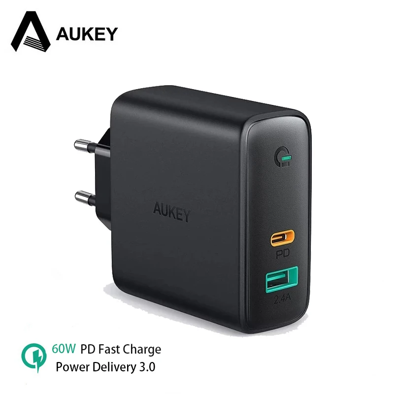 

Original AUKEY PA-D3 60W QC PD 3.0 Dual USB Port Type C Fast Charger Mini Portable EU US Plug For Phone Tablet Macbook Accessory