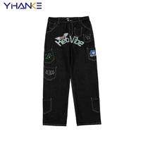 yhk retro pockets letter embroidery vibe style casual mens denim trousers streetwear straight washed loose jeans pants oversized