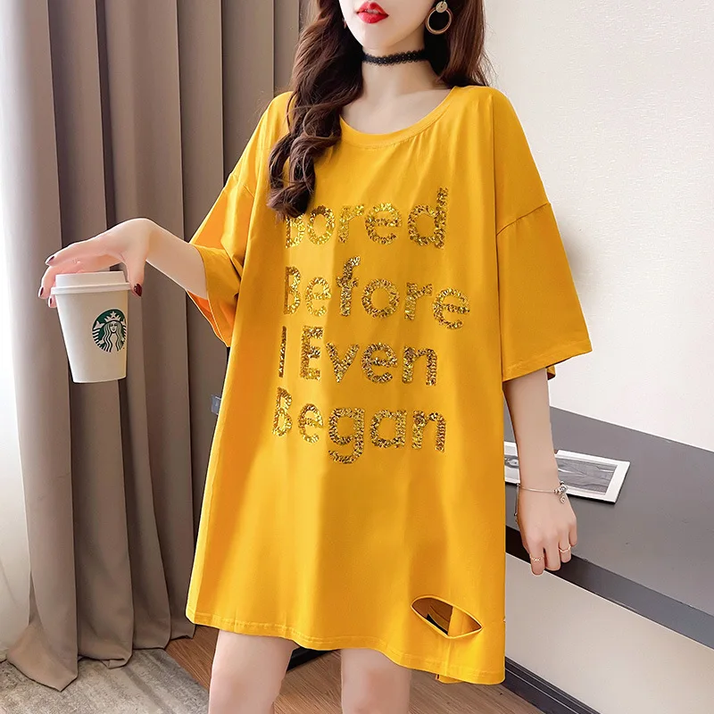 

Новинка лета 2022, футболка большого размера средней длины для тяжелой промышленности с блестками, круглым вырезом и коротким рукавом, Женски...