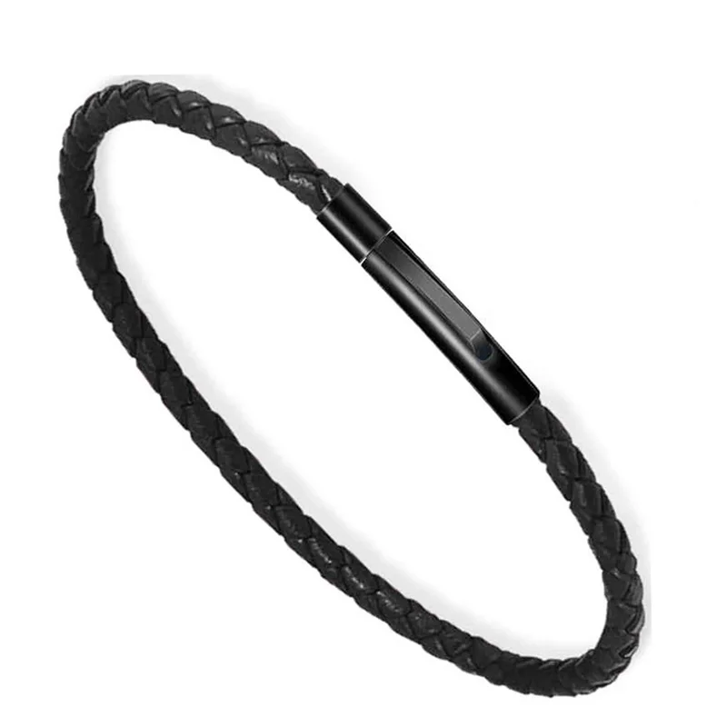2mm 3mm Black Wrap Leather Braided Bracelet Steel Wire Bracelet Men Bangles Chain Link Male Charm Bracelet 16cm 18cm 20cm