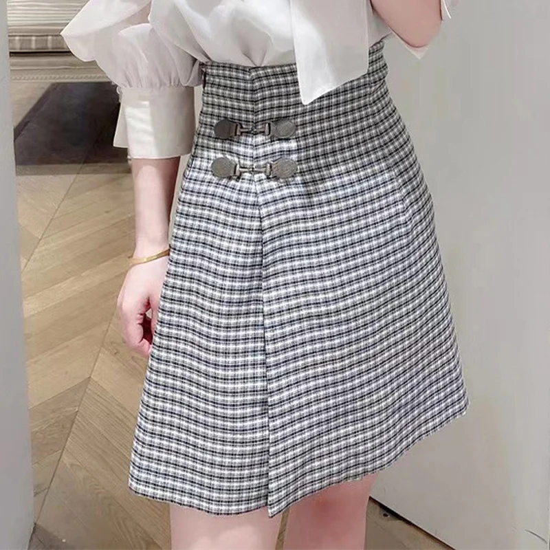 

2023 Summer Temperament Mujer Faldas Japanese Jupe High Waist Thin Patchwork Slit All-match Skirts Plaid Mini Culottes