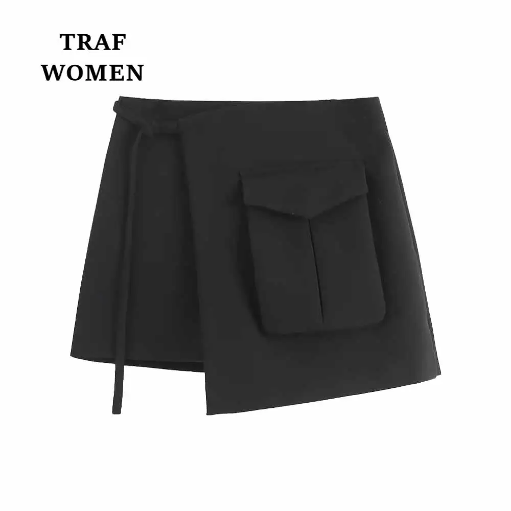 

TRAF WOMEN 2023 Spring New High Waist Miniskirt Design Sense Pocket Decoration Asymmetric Fashion Female Vintage Skirt 7563055