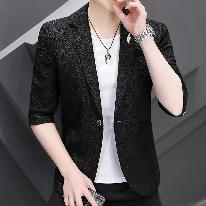 

HOO 2022 Summer Men 'S Jacquard blazer Youth New Half Sleeve Casual blazer