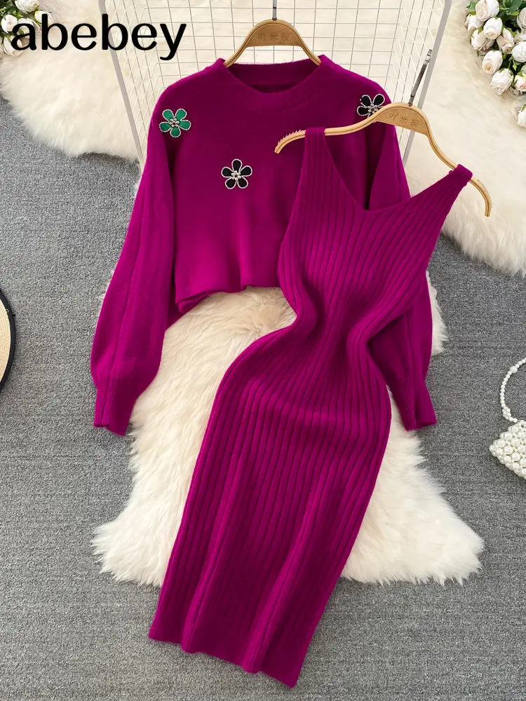 

Зимние женские вязаные комплекты, модный двубортный свитер с длинным рукавом и жемчужинами + трикотажное платье на бретельках, модные костю...