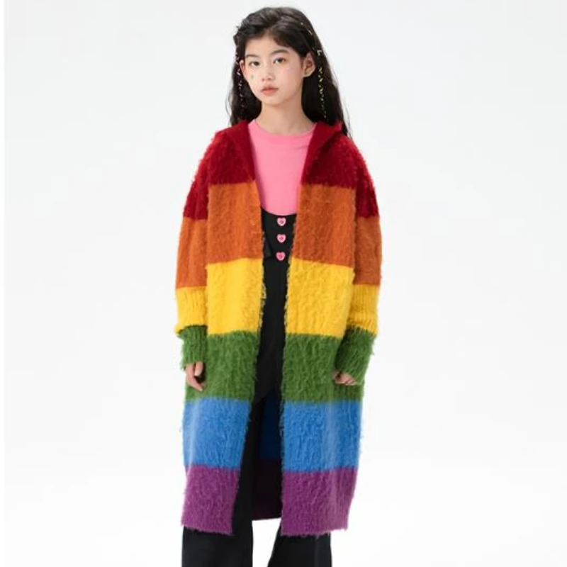 

Girls Long Knitwear Cardigan Autumn Winter Rainbow Stripes Casual Sweater Coats for Children 2022 New Teen Scholl Kids Outerwear