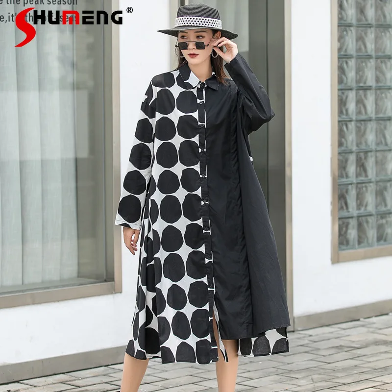 

Black and White Polka Dot Lapel Long Sleeve Stitching Dress for Female 2022 Autumn Loose Single-Brewed a-Line Dress Women