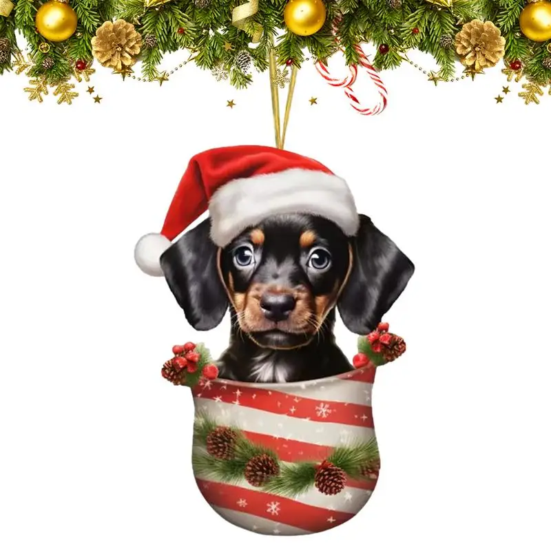 

Christmas Tree Acrylic Flat Pendant Cartoon Dog In Cup Pendant Decorations 2D Cute Christmas Tree Decoration Acrylic Dog Pendant