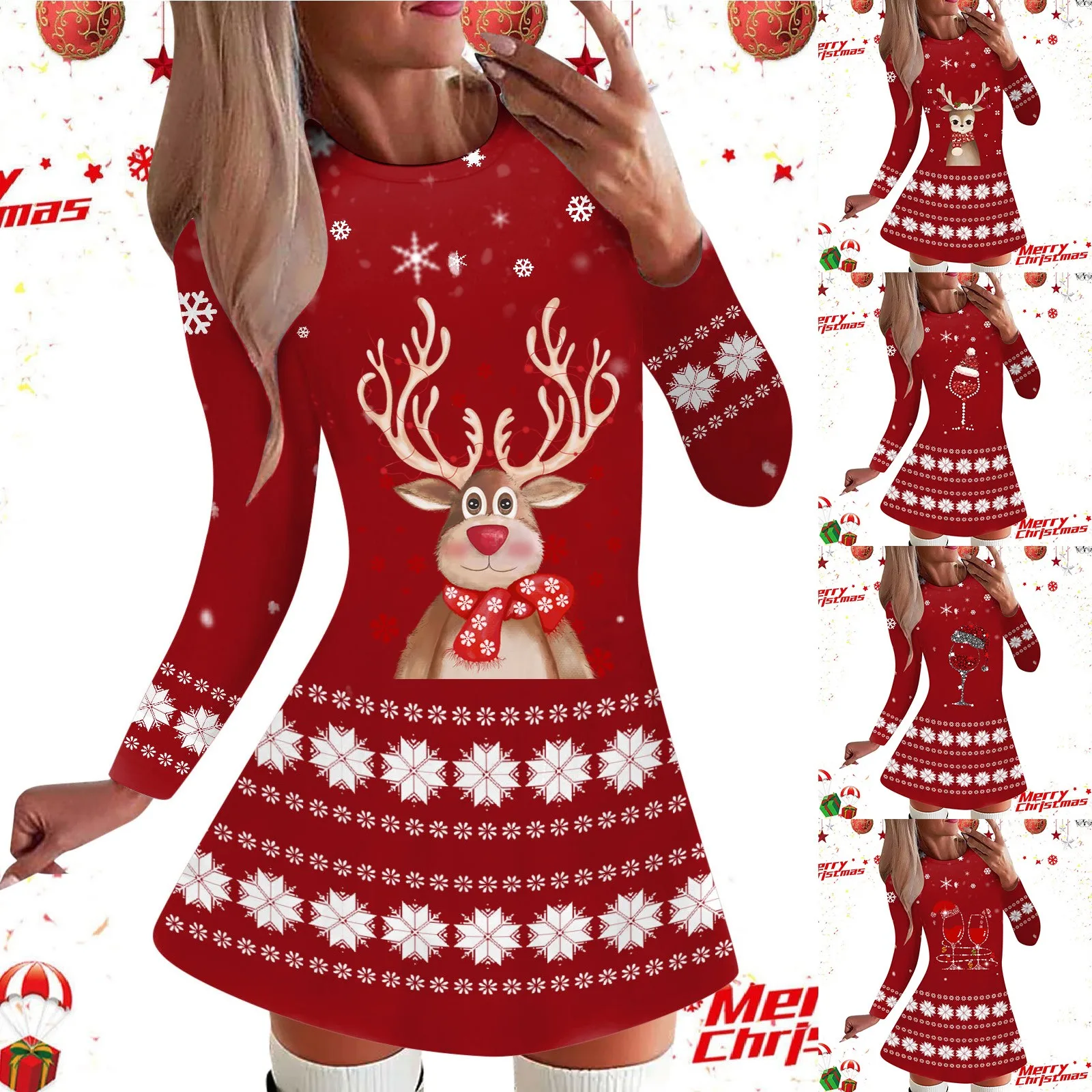 

Casual Fashion Christmas Printed Round Neck Long Sleeve Dress Holiday floral dress Daily