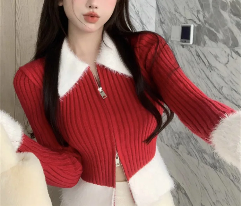 

zipper crop Cardigan patchwork turn down collar sweater kpop sweater coat kawaii Knitted Tops Jumpers sueter mujer jackets