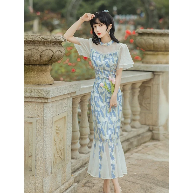 

2022 Summer New Floral Long Yarn Tulip Printing Improved Cheongsam Design Sense Niche Chiffon Stitching Fishtail Dress