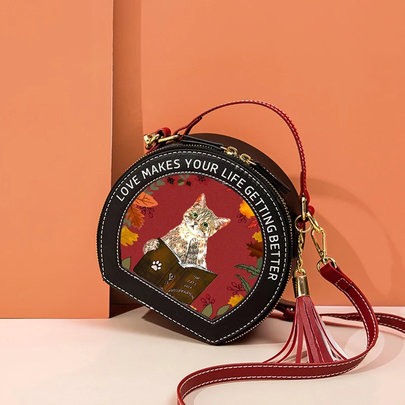 Cute Cat Women's Bag 2022 New Designer Female Student Messenger Bag Versatile Shoulder Handbag Portable Small Round Bags Girls