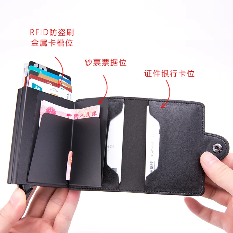 Double Case Card Holder Wallet Tri Fold With Hasp Rfid Aluminum Metal Carteira Masculina Luxury Slim Case Business Pop Up Wallet