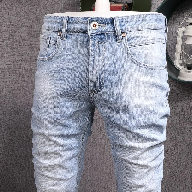Light Blue Jeans Men 2022 New Streetwear Casual Slim Fit Pencil Pants Fashion Cotton Denim Trousers