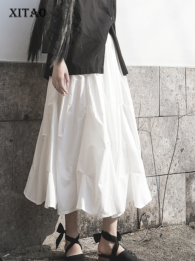 

XITAO Women Skirt Fashion Pleated Elastic Waist Goddess Fan White Black Minority Loose 2022 Summer Solid Color Skirt WLD7412