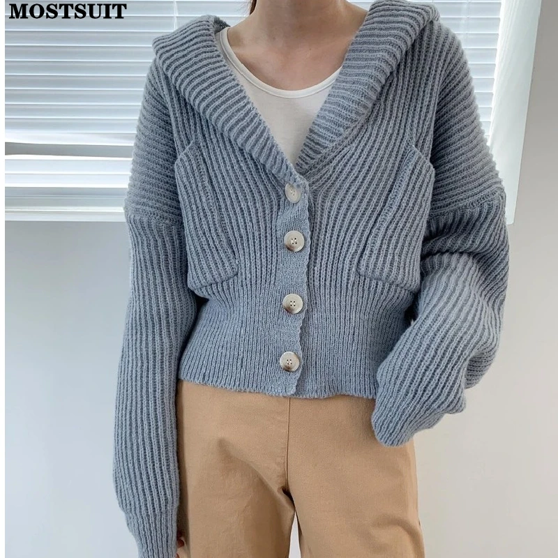 

Корейский Повседневный женский кардиган, свитер, вязаная куртка с длинным рукавом и капюшоном, однотонный модный Свободный женский джемпер