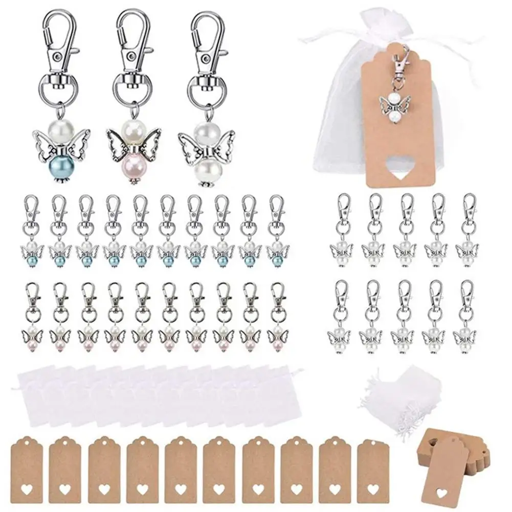 30 Sets Gift Box Decor Set Metal Guardian Angel Keychain Pendant Yarn Bag Label For Wedding Birthday Party Gift Box