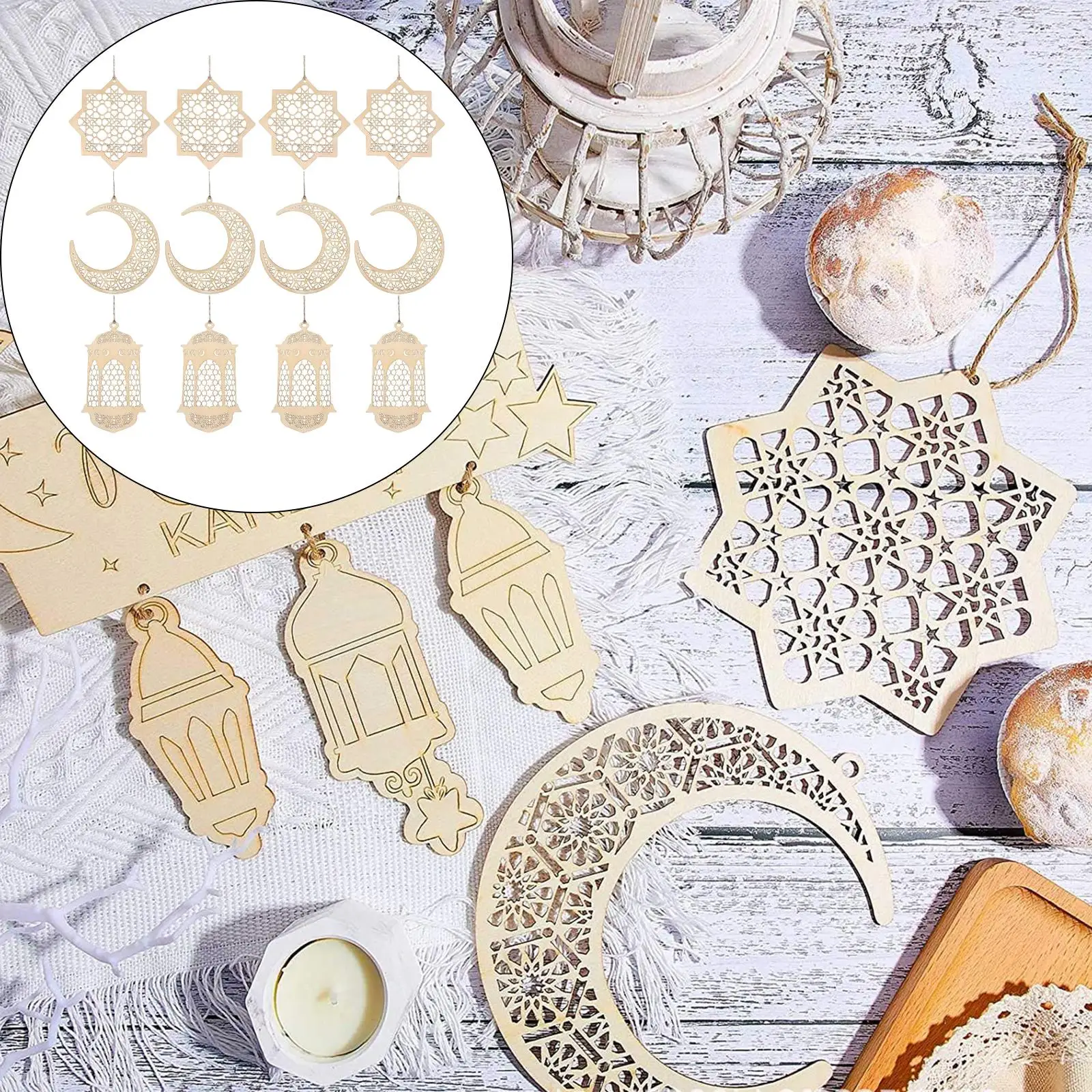 

12Pcs Wood Eid Mubarak Pendants Art Embellishment Home Decor Party Supplies