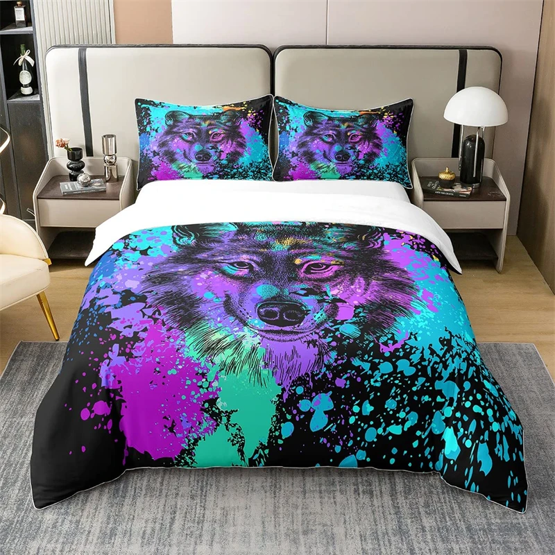 

Wolf Bedding Set Twin Size Duvet Cover Safari Animals Print Comforter Cover for Kids Juvenile Splash Graffiti Hip Hop Bedspread