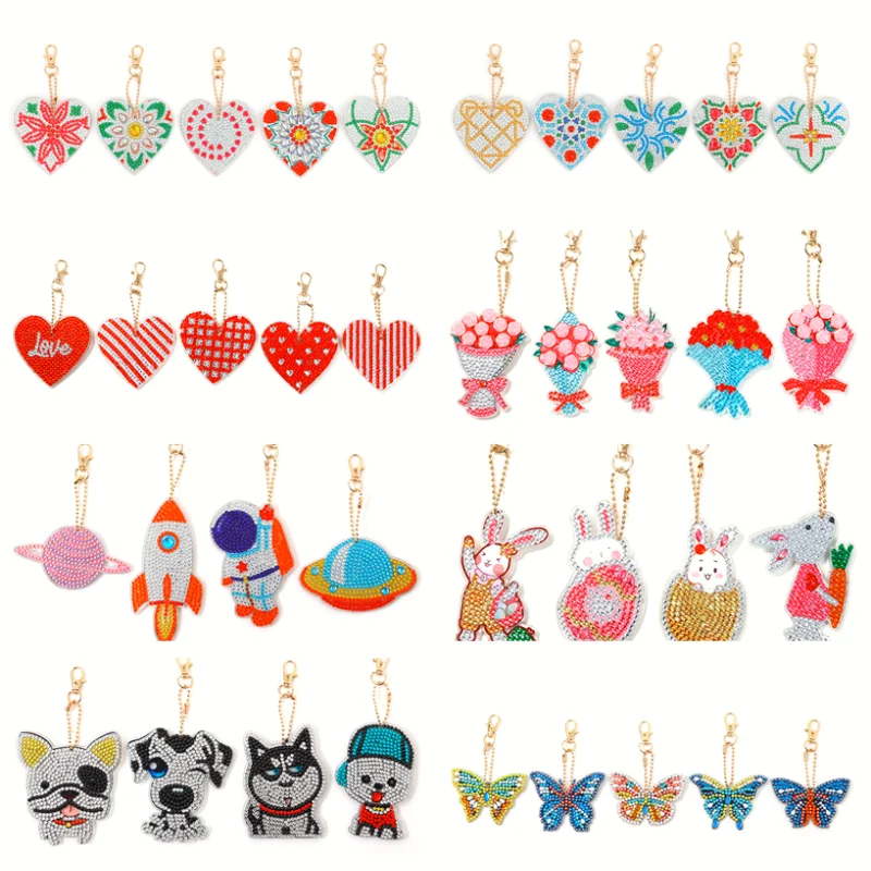 

5Pcs DIY Diamond Painting Keychains Heart Shape Diamond Embroidery Mosaic Keyring Animal Butterfly Keyring Pattern Pendant Gift
