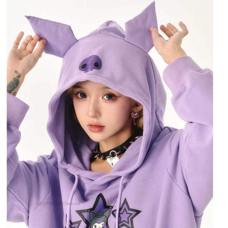 Фото Sanrio Kuromi Модные женские парные мужские пуловеры с капюшоном Hhodies мягкий Повседневный свободный принт плюшевое утепленное пальто для влюблен... №5