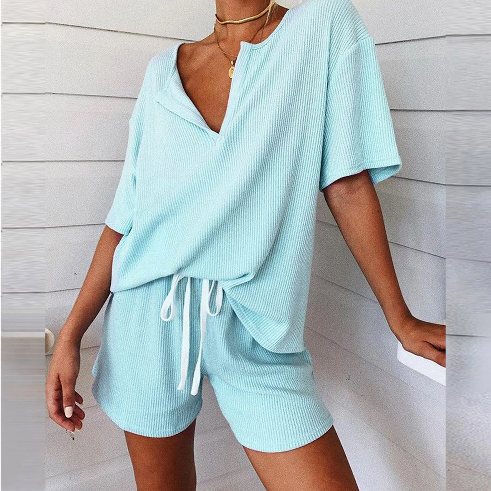 

Women's Home Clothes Lounge Wear Pajamas Solid V Neck Short Sleeve Shirt Tee Tops And High Waist Shorts Two Piece Set Tracksuit