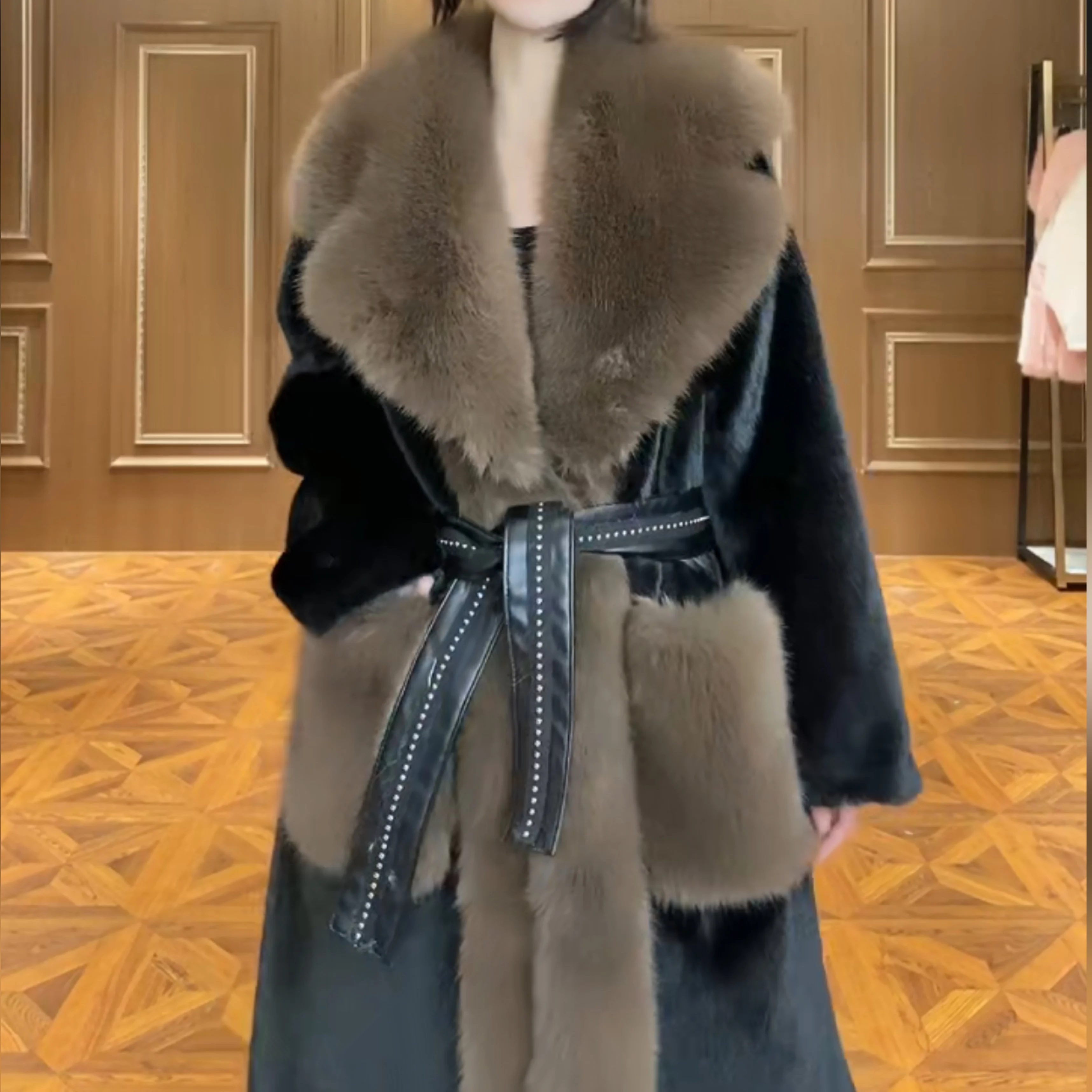 European New Ladies Fashion Fur Long Sleeve Mink Warm Jacket Women's Elegant Streetwear Casual Trend Patchwork Mid-length Coat