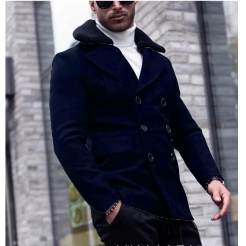 Мужское пальто в британском стиле осенне-зимнее с индивидуальным меховым