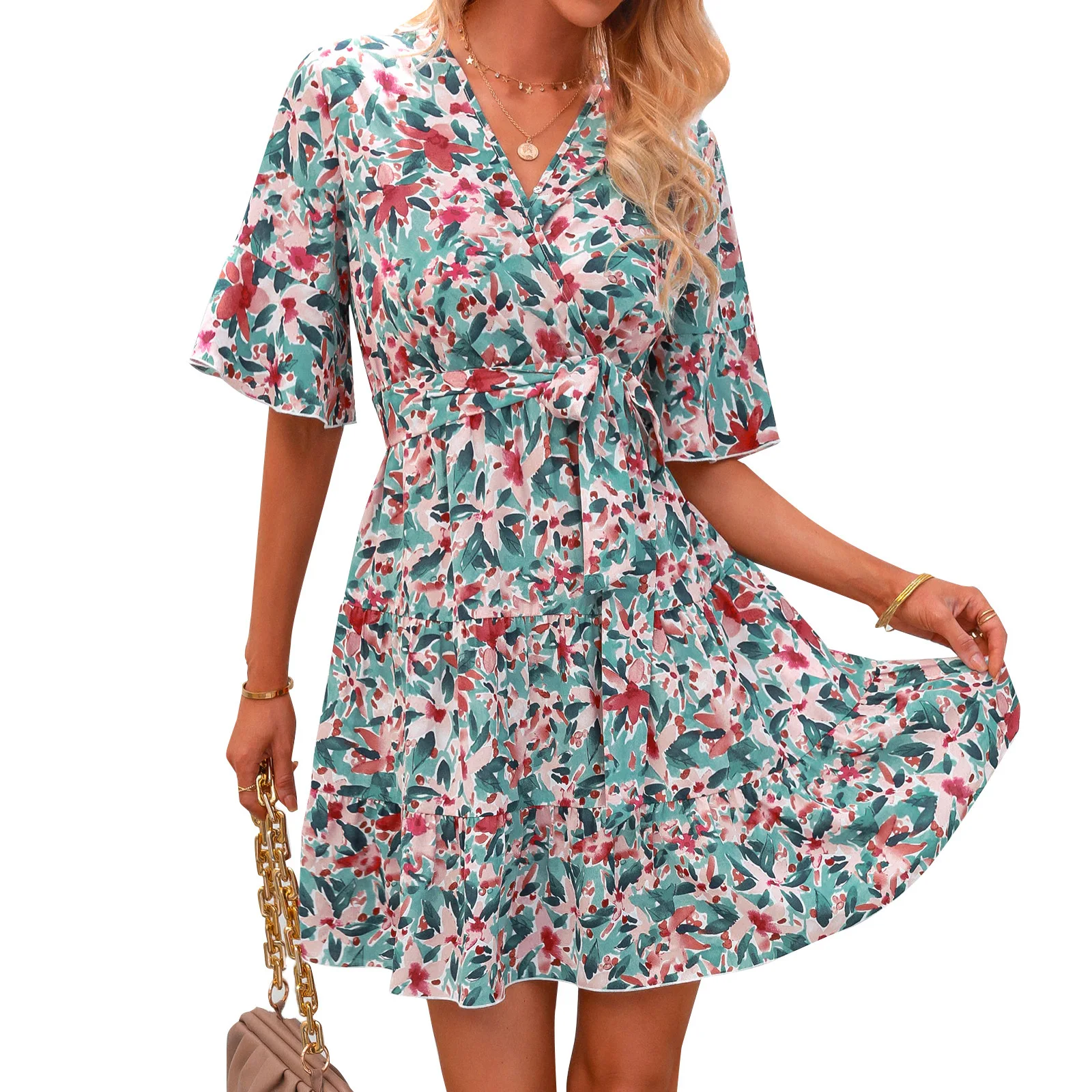 

Women Summer Flower Print Dress Flare Short Sleeve V-Neck Strappy A-Line Mini Shorts Dresses
