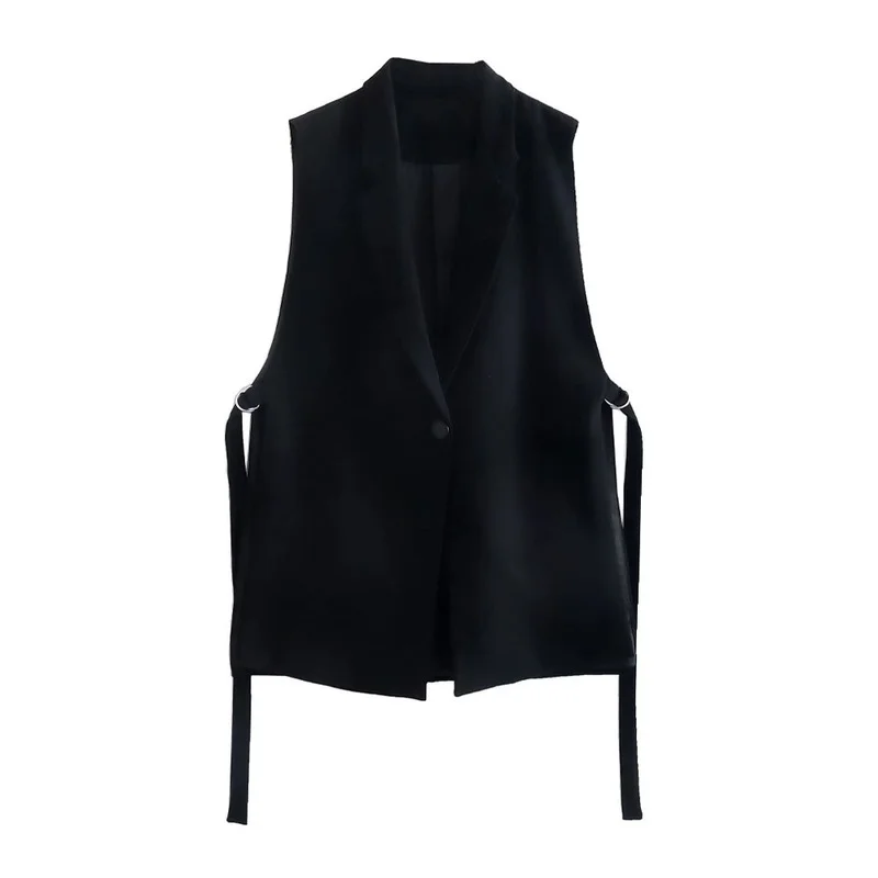 

Women Fashion Side Vents Adjustable Straps Waistcoat Vintage Sleeveless Front Button Female Outerwear Chic Black Tops Coats