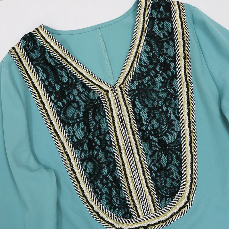 Muslim Fashion Dress Southeast Asia Lace V-Neck Temperament Middle East Moroccan Kaftan Abaya Kimono Islamic Clothing Jalabiya