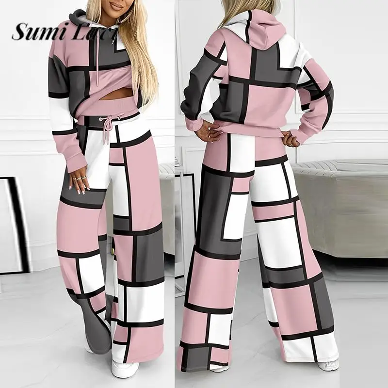 

Autumn Women Hoodie+Pants Two-piece Set Fashion Color Block Splicing Sweatshirt Set Casual Loose Drawstring Trousers Sports Suit