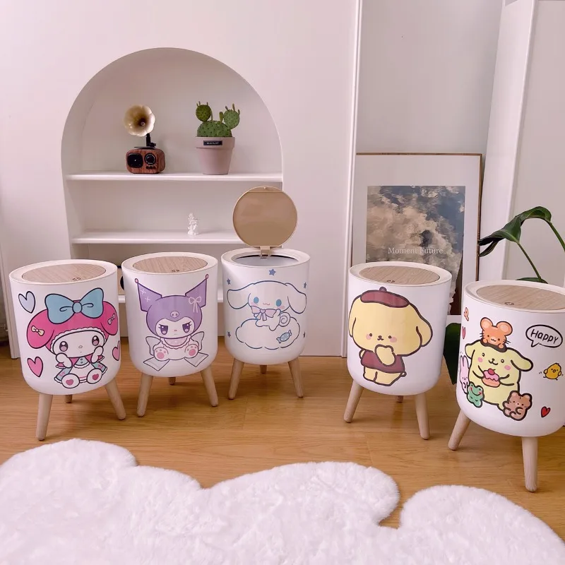 

Sanrio Kawaii MyMelody Trash Can Kuromi Cinnamoroll Anime Cartoon Creative Simple Household High Foot Waste Basket Press To Open