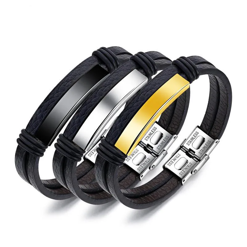 Stainless Steel Plate Leather Bracelet Blank For Engrave Metal Plate To Record Layer Leather Bracelet Bangles For Men 10pcs