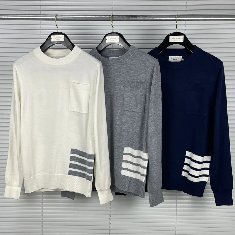 

TB 2023 Fashion Brand THOM Sweaters Men Slim Fit O-Neck Pullovers Clothing Striped Wool Cotton Thin Spring Autumn Casual Tees