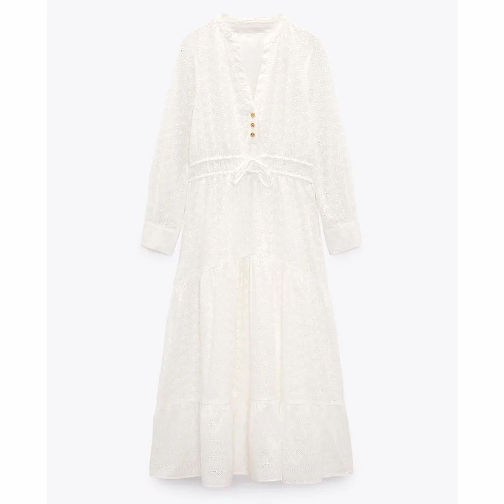 

PB & ZA2022 summer new women's clothing fashion elegant waist V-neck hollow embroidered cropped sleeve long dress